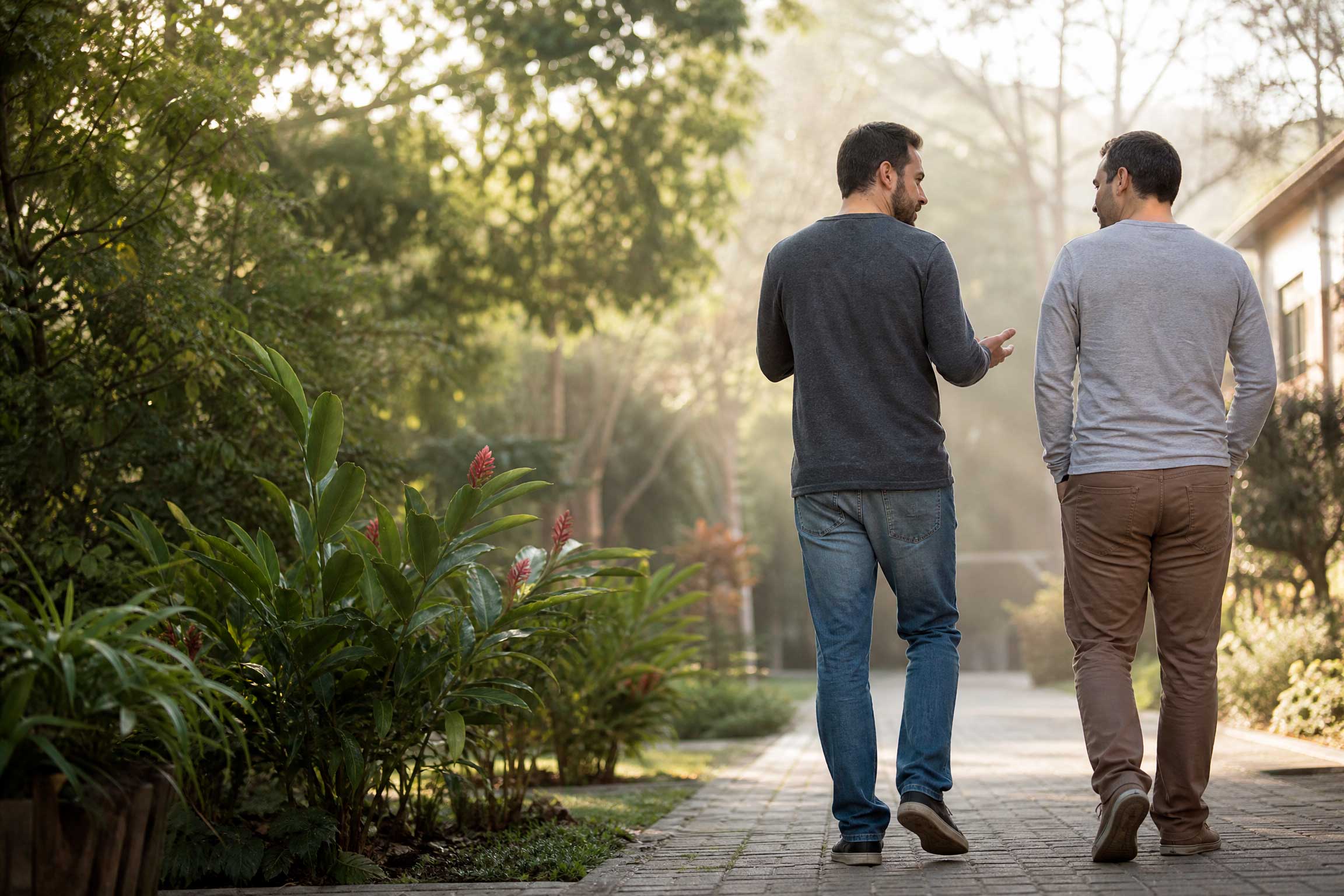 Duas pessoas caminhando por um jardim em conversa